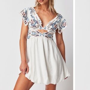 Free people rambling roads mini dress white embroidered new